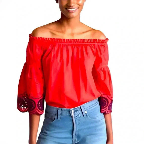GAP Off-Shoulder Eyelet Bell-Sleeve Top Red Navy Embroidery Cotton blouse - Picture 2 of 12